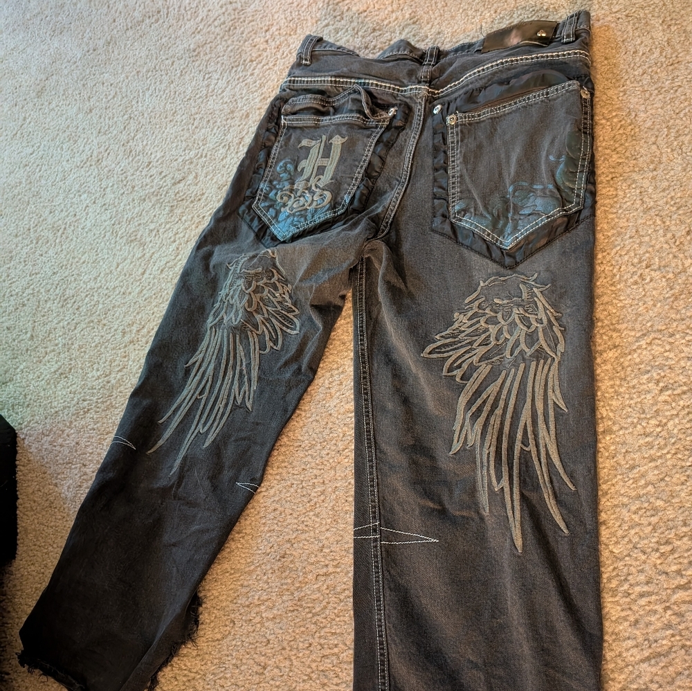 Black Straight Jeans with Angel Wing Design
